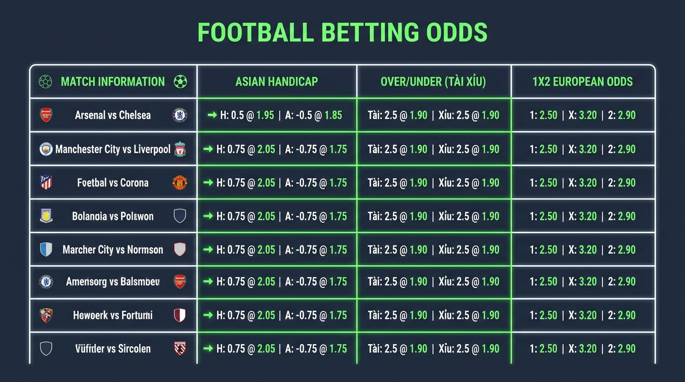 Giao diện bảng tỷ lệ kèo nhà cái cơ bản gồm thông tin đội bóng, tỷ lệ chấp và Odds Giao diện bảng tỷ lệ kèo nhà cái cơ bản gồm thông tin đội bóng, tỷ lệ chấp và Odds