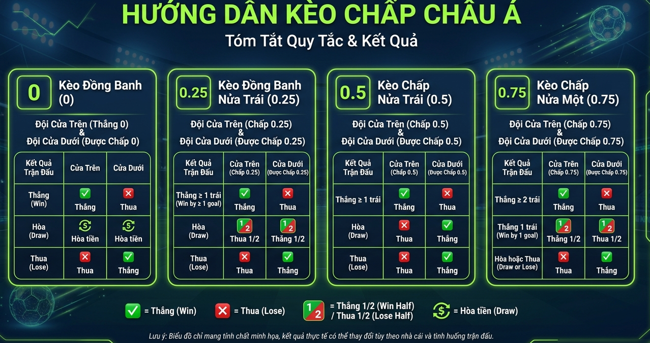 Sơ đồ tóm tắt quy tắc thắng thua đối với các mức chấp Châu Á phổ biến Sơ đồ tóm tắt quy tắc thắng thua đối với các mức chấp Châu Á phổ biến